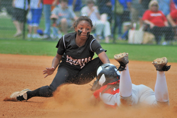 Elissa Brown tags out a Central Florence runner trying to steal 2nd.