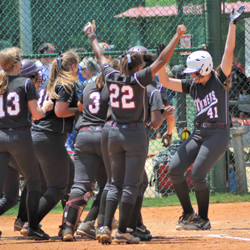 Haley Britt (41) celebrates as she touches home. The junior’s solo shot in the 2nd gave the Panthers a 1-0 lead.